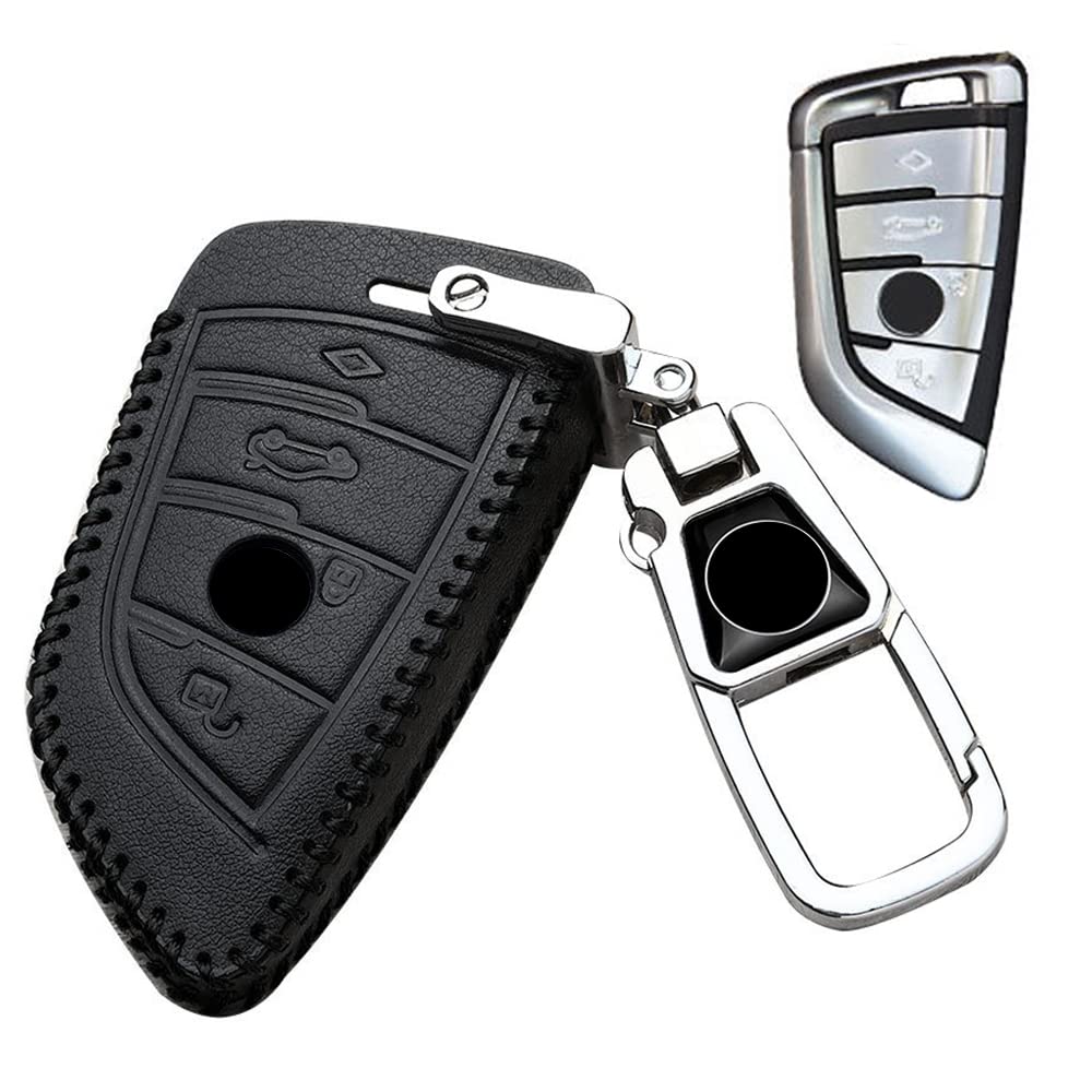 キーケース BMW 用 スマートキーケース キーカバー 4ボタン 本革 レザー BMW 専用設計 1 2 3 5 6 7 8 シリーズ X1 X2 X3 X4 X5 X6 X7 Z4 専用 手触りいい 汚れ 滑り 傷 防止 オシャレ リモコン 刀型 キーホルダー (ブラック×ブラック)