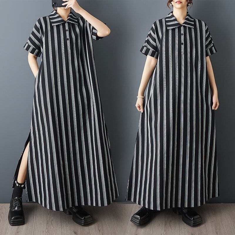 STRIPED COLLARED SIDE SLIT MIDI SHIRT DRESS M-17334