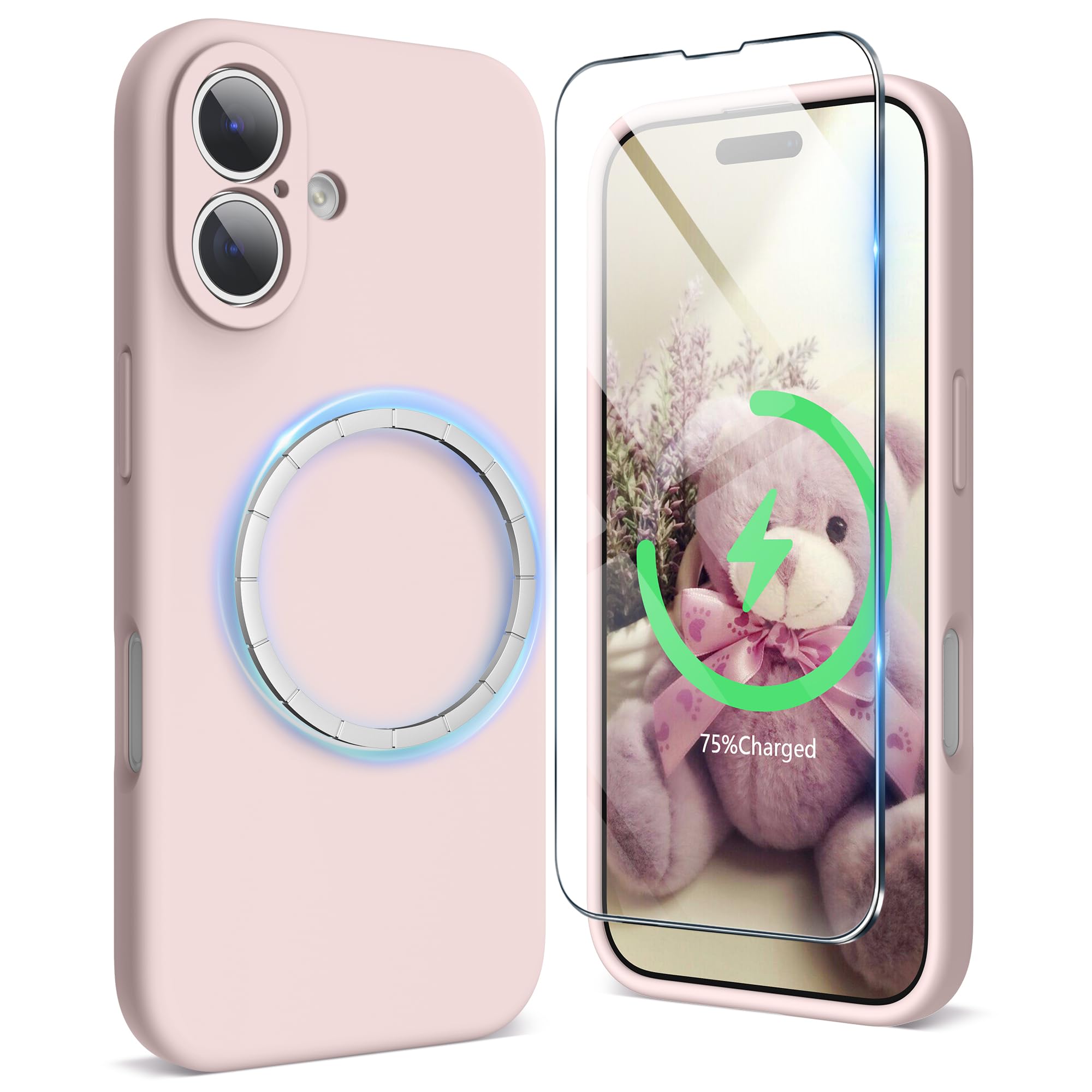 SURPHY iPhone 16用ケース シリコン MagSafe対応,フィルム付き 6.1インチ対応(2024) 携帯ケース iphone16(カメラの全面保護) マグネット搭載 iPhone16用ソフトカバー (ピンクサンド)