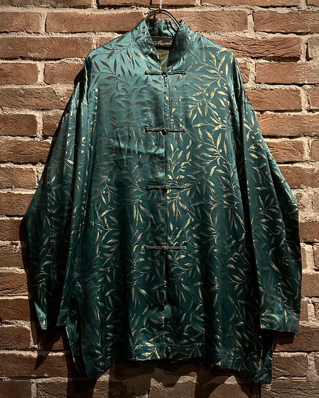 【Caka act3】Tiffany Blue × Gold Color Vintage Loose Leaf Pattern Silk China Shirt
