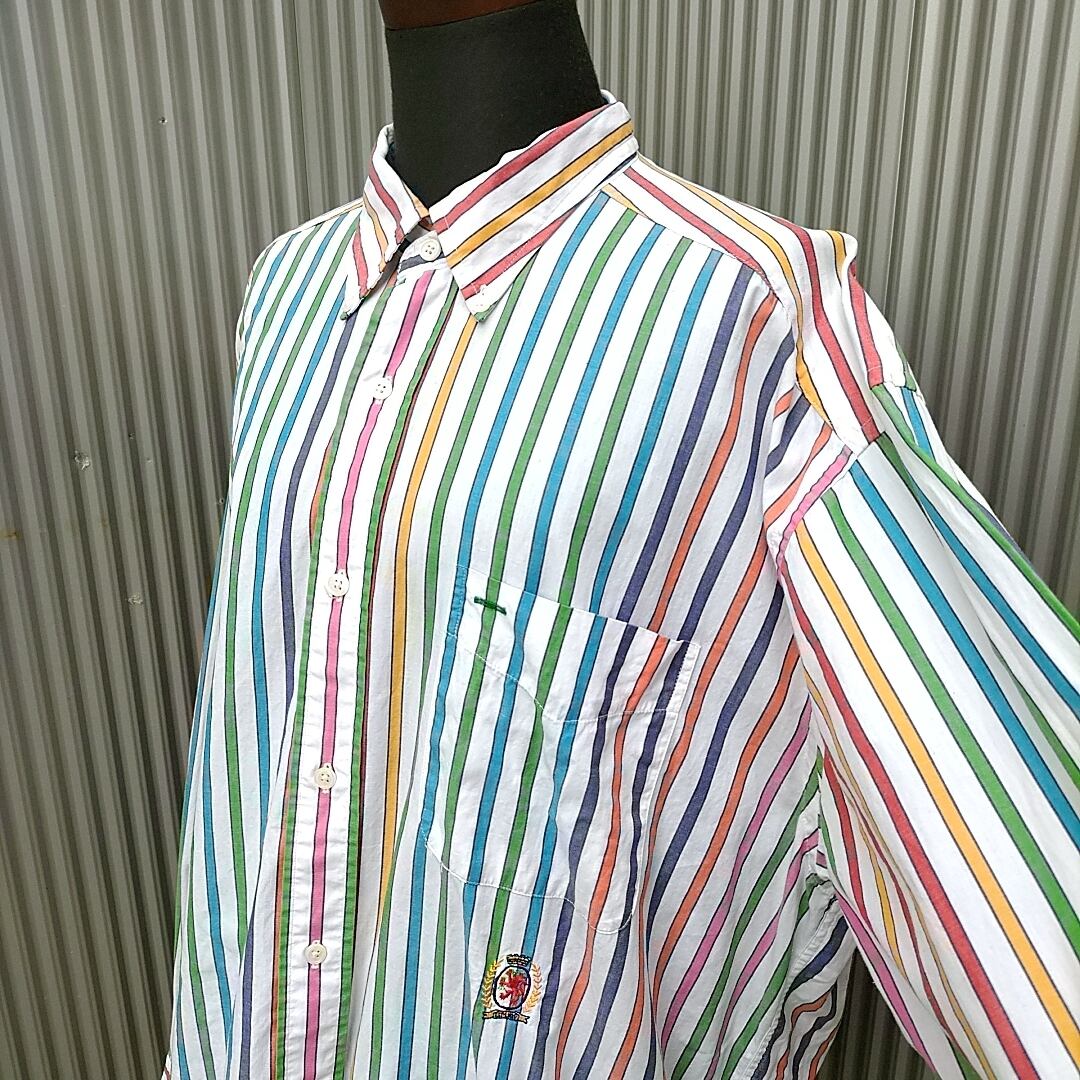 【90s】美品/トミーヒルフィガーTOMMY  HILFIGER/ビンテージ/ヴィンテージ/ビッグサイズ/ビッグシルエット/長袖/マルチカラー/ストライプ/BDシャツ/ボタンダウンシャツ/L/P06030001/