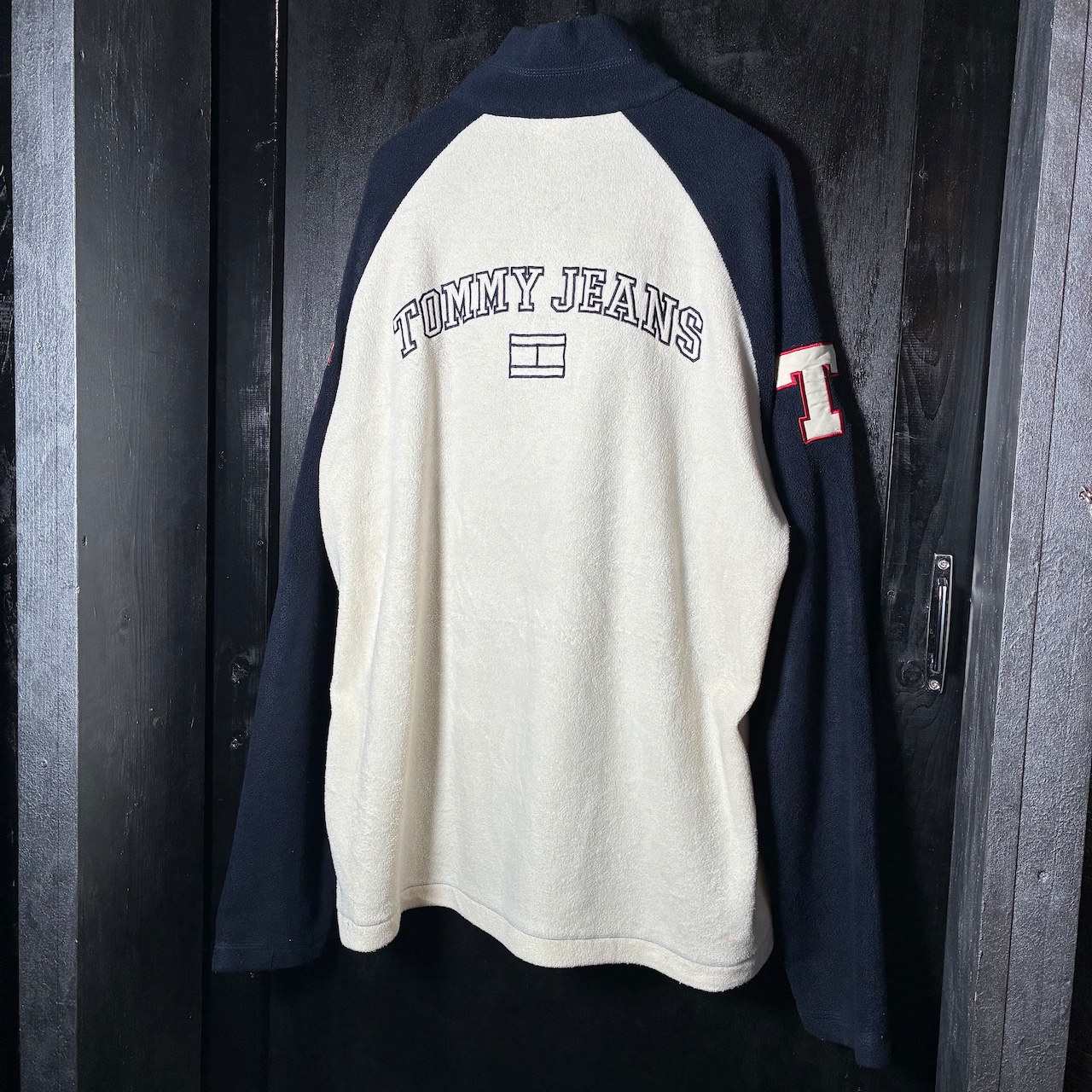 TOMMY JEANS ハーフジップフリース ネイビー×ホワイト ラグラン 刺繍ロゴ トミー