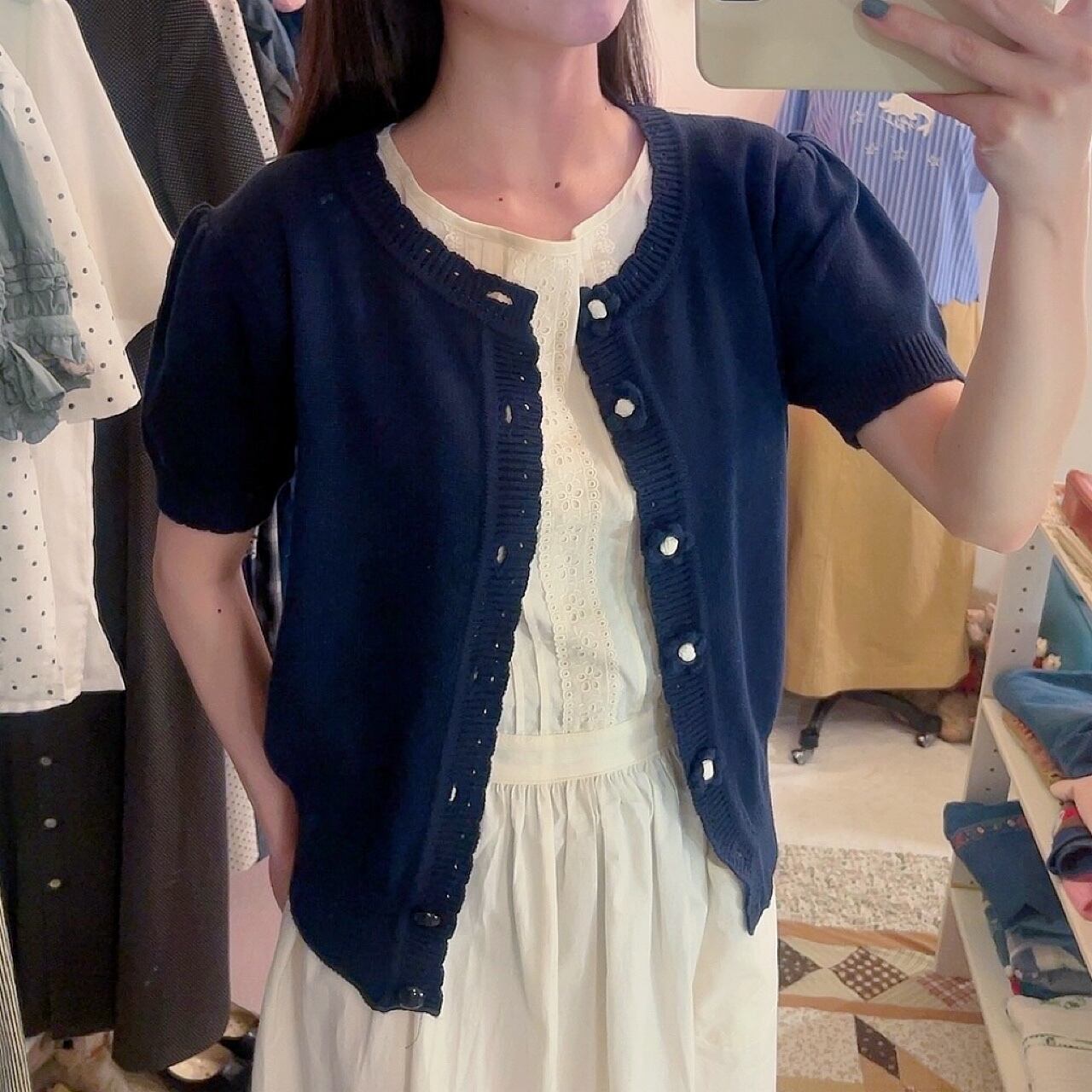flower button navy knit cardigan