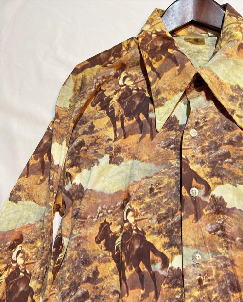 70's "Horse riding pattern transfer"design polyester shirts 【M】