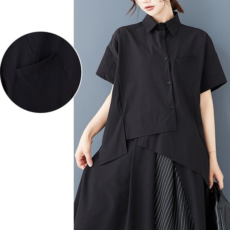 BLACK HALF SLEEVES IRREGULAR HEM DESIGN SHIRT 1color M-13291
