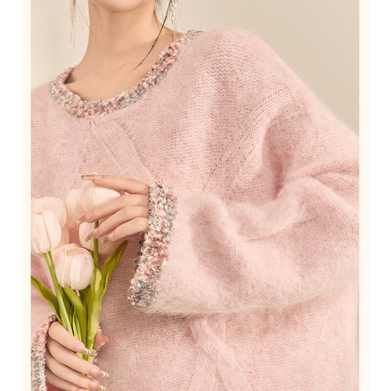 Pastel Rose Mix-Yarn Slouchy Crew Sweater S0246