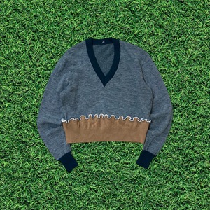 【リメイク古着】Vネックグリーンニット×ベージュニット