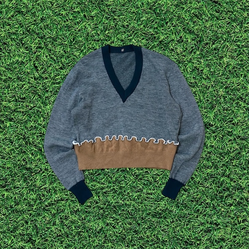 【リメイク古着】Vネックグリーンニット×ベージュニット