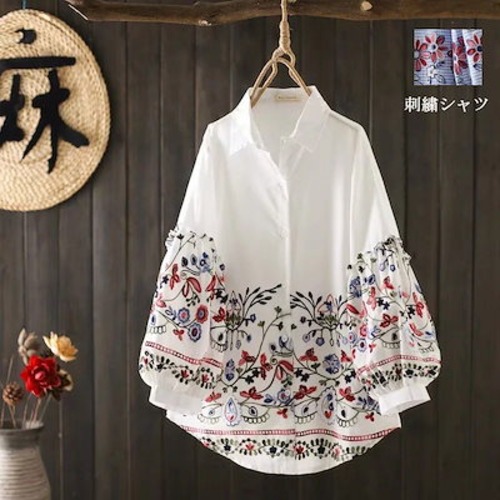 シャツ ロングシャツ ホワイトシャツ 白 刺繍 レディース トップス チュニック 長袖 綿 コットン リネン Aライン チェック柄 ボタン付き 白 大きめ 30代 40代