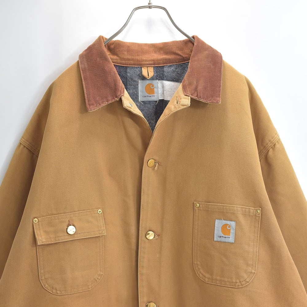 80s 90s USA製 Carhartt カーハート カバーオール チョアコート ブランケット裏地 コーデュロイ襟 ダック地 キャメルブラウン USED ヴィンテージ ビンテージ 古着 メンズXXL〜XXXLサイズ相当