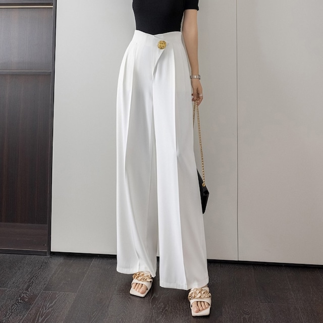 ゴールドボタン付きタック入りワイドレッグパンツ Me0922