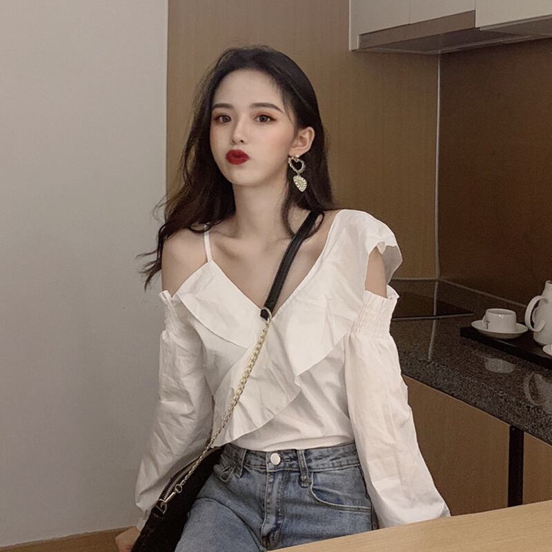 ブラウス スプリングオータムスタイルレースストラップレスホワイトシャツ レディース 春物 秋物 スーパーモール84053941490