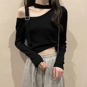 肩出し Tシャツ ショート丈 レディース 春夏秋 韓国 チョーカー風 肌見せ ストリート 原宿系 大人 カジュアル おしゃれ 大人可愛い 大人女子