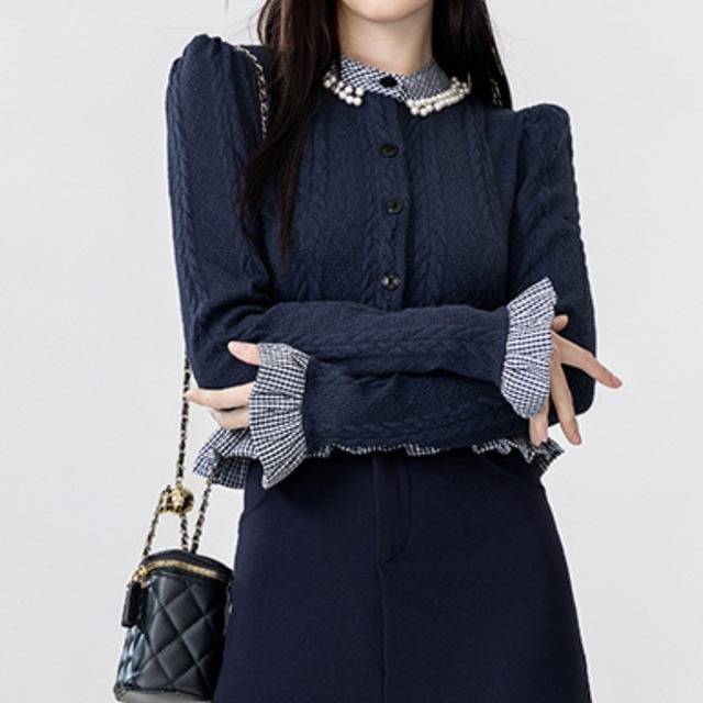 Splicing check frill knit tops 00062