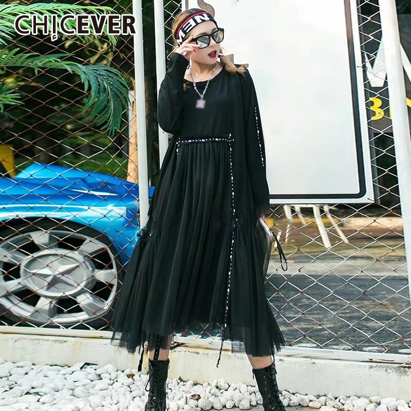 CHICEVERブラックドレスレディースOネック長袖パッチワークリベット非対称メッシュ裾ウエストドレス2021秋の潮 ロング 6base533013197902