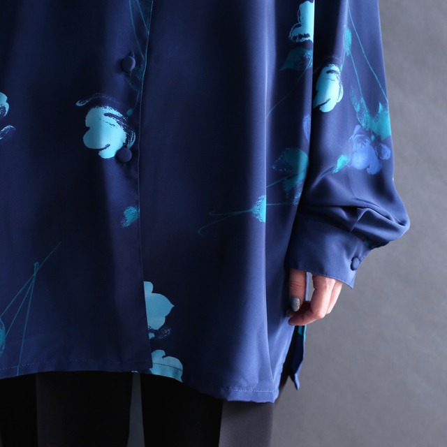 nice blue art flower pattern l/s loose shirt