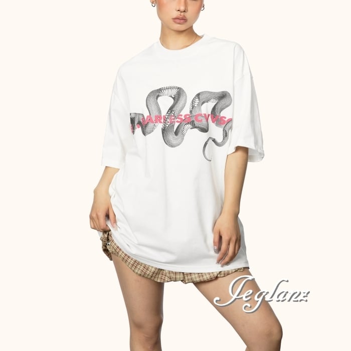 2色 スネーク ロゴ 半袖 Tシャツ オーバーサイズ ユニセックス (MC530)ρ