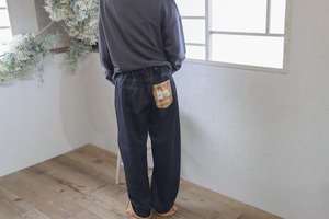 サメ 刺繡 チェック 切替 ゆるだぼ ツイルパンツ　
