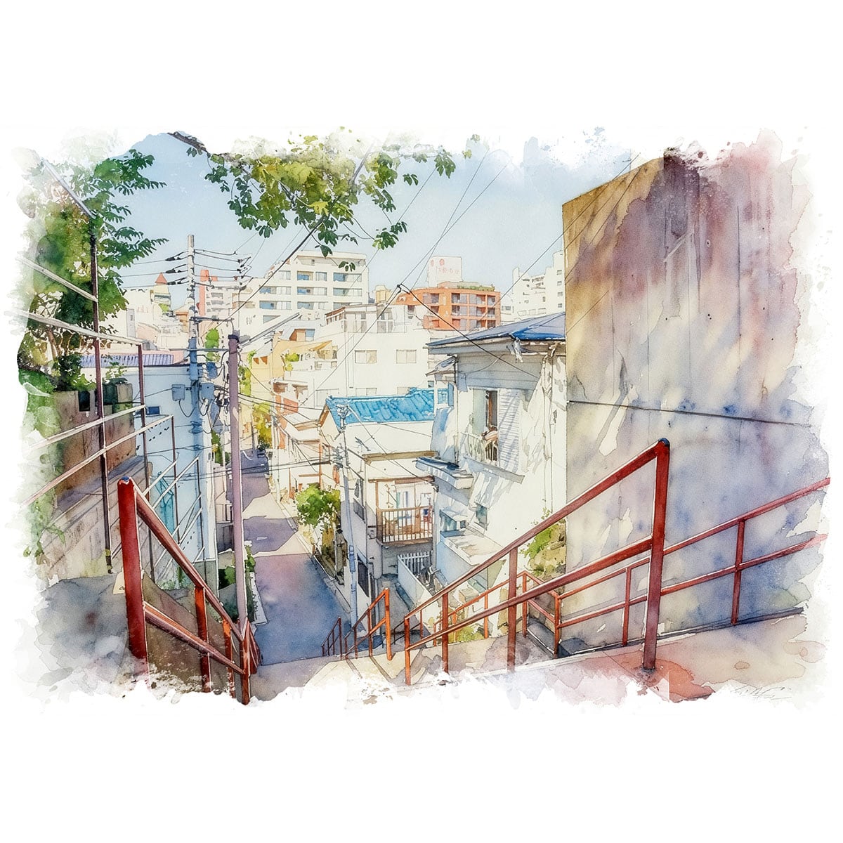 絵画 風景画(街並み) 日本 東京都 四谷 須賀神社階段 インテリアアート額付き 水彩画・油絵風 WAT1444