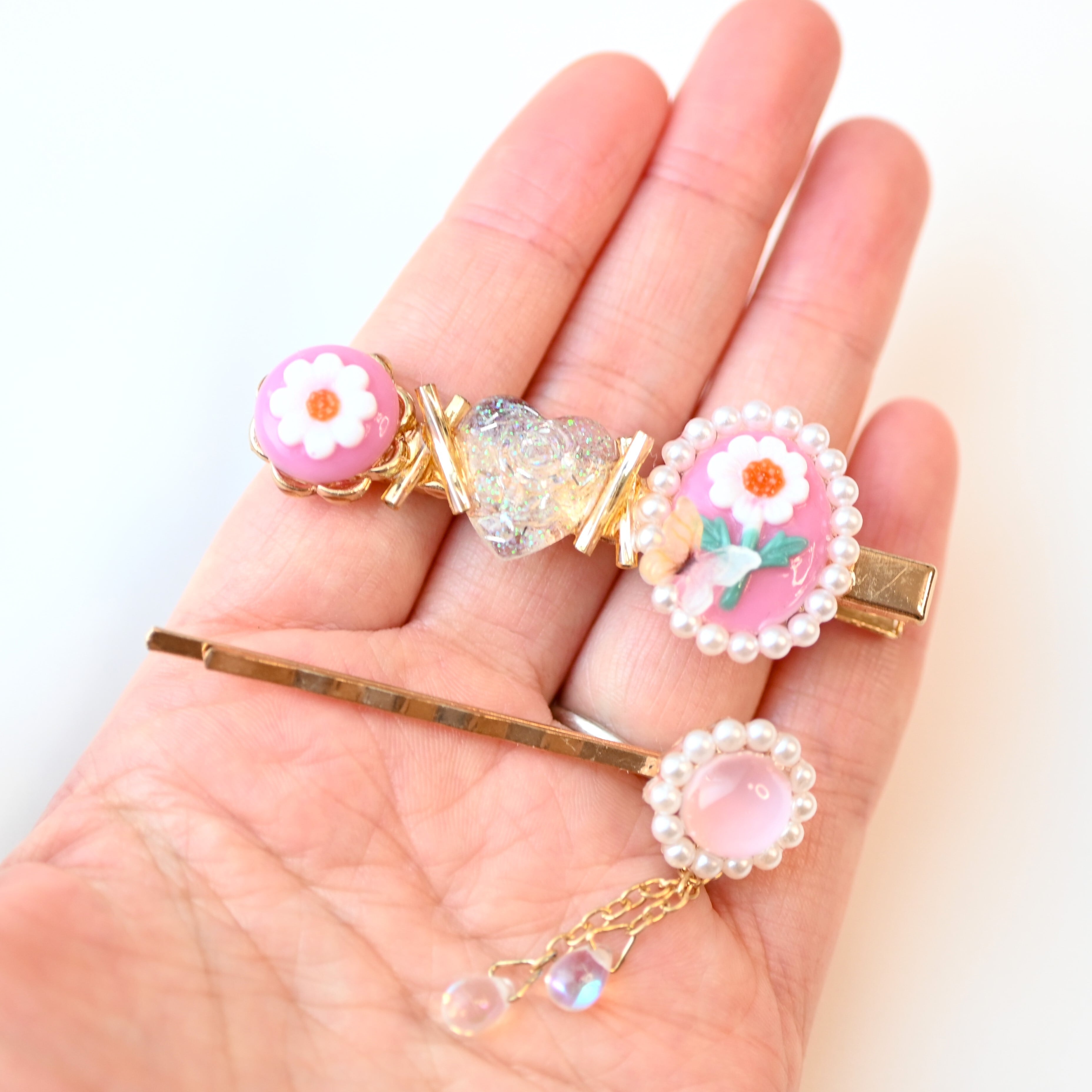ヘアクリップ ＆ ヘアピン 】 レトロ ガーリー 2個 セット 花 ハート