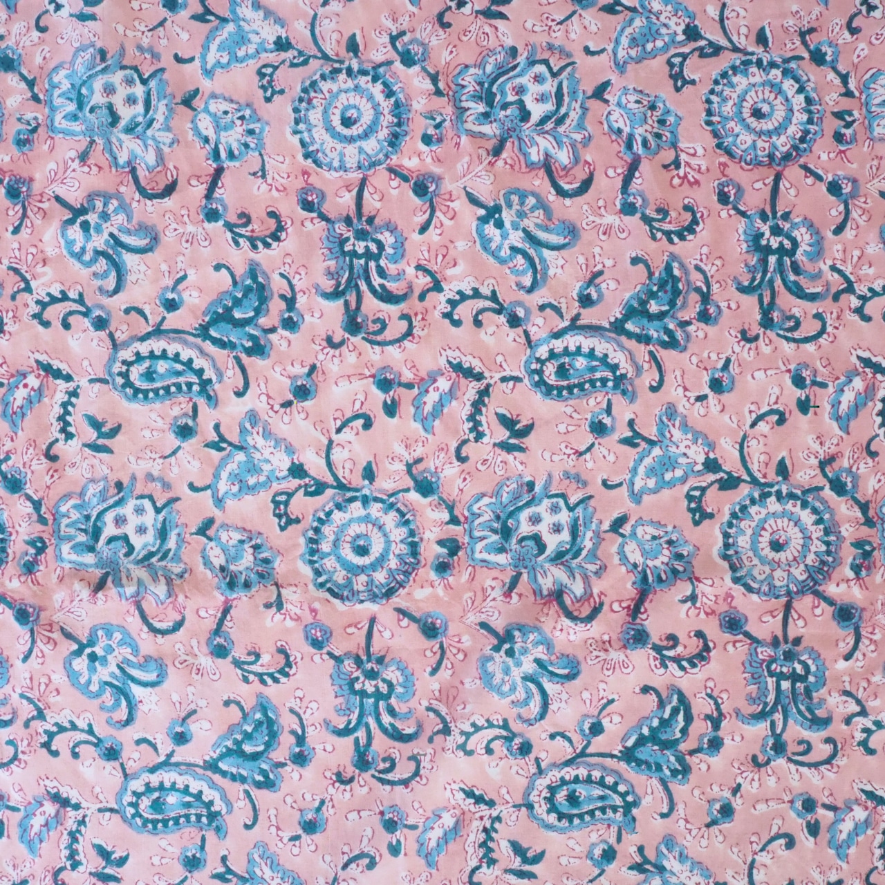 ブロックプリント生地【50cm単位】インド綿 花柄&ペイズリー ピンク #24154-PK1