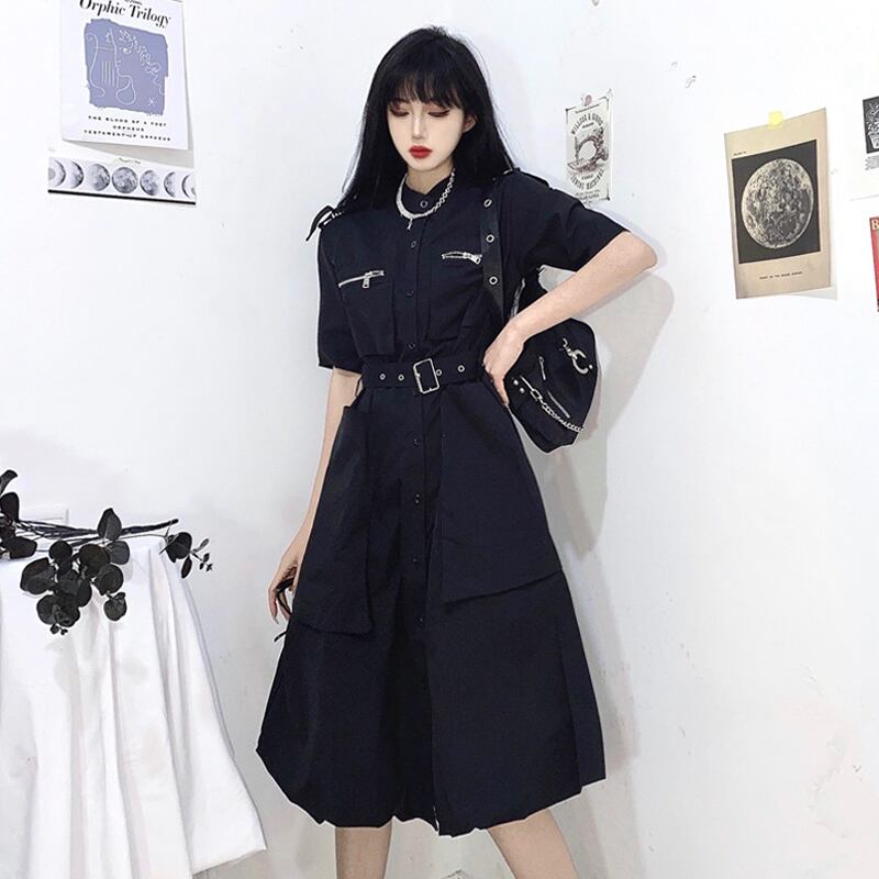 サブカル 服 地雷系 通販 ワンピ 半袖 ミドル丈 シャツワンピ 闇