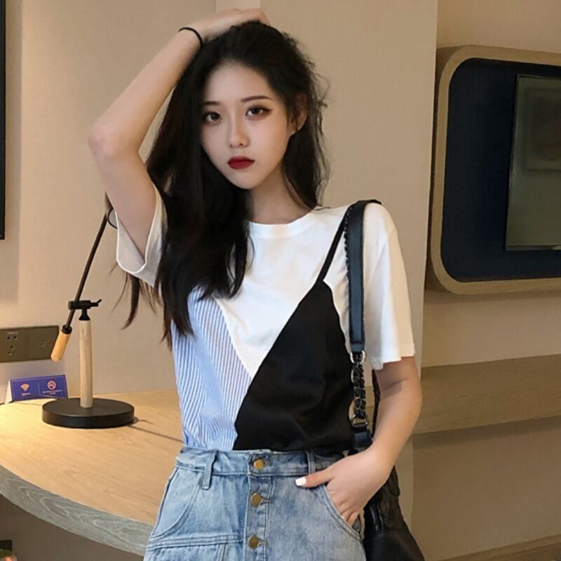 偽のツーピースラウンドネックボトミングシャツステッチストライプホワイト半袖Tシャツ女性の気質シックなルーズで薄いトップ YY-ファッション40946270291