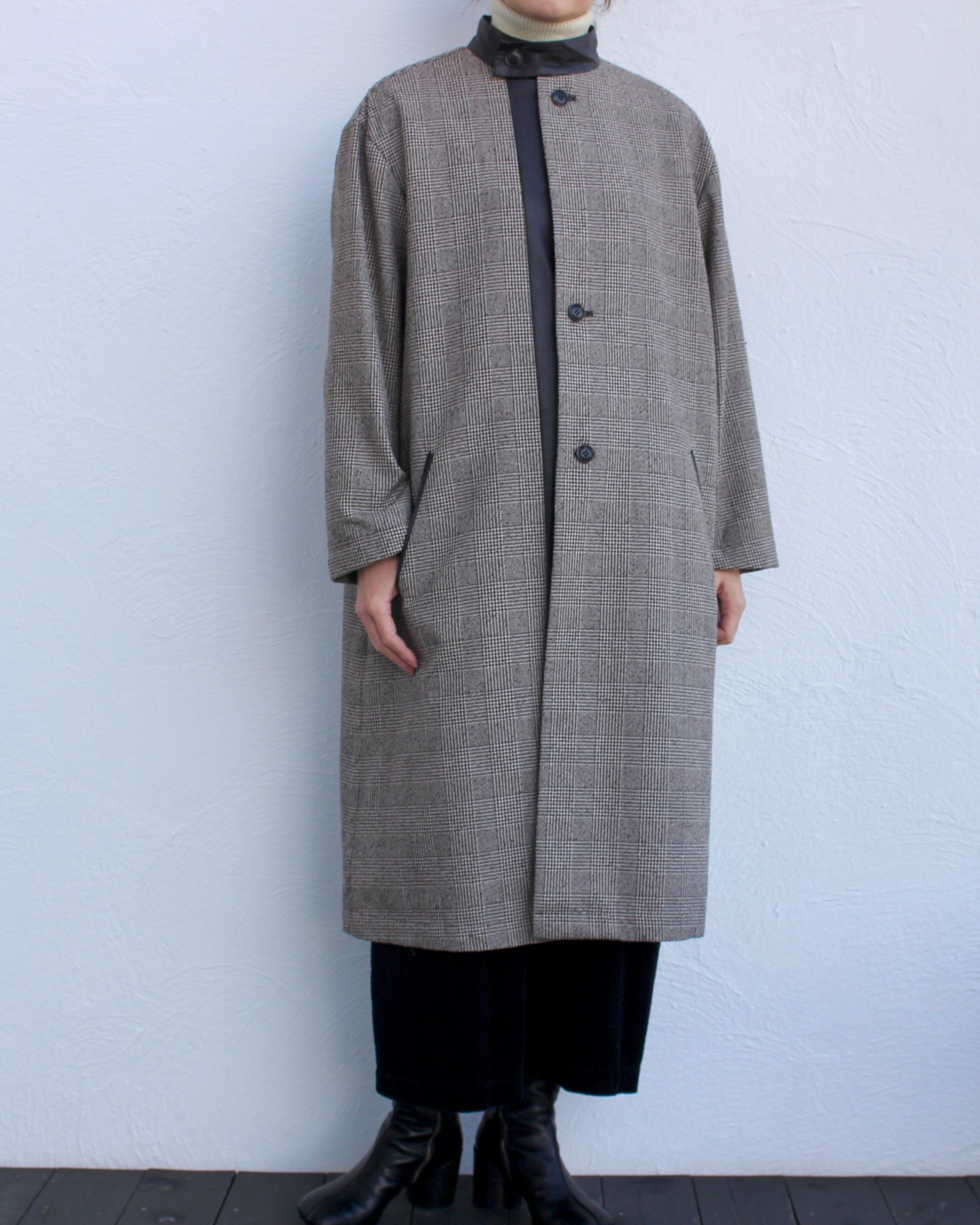 JUNOKAMOTO/check leather long coat