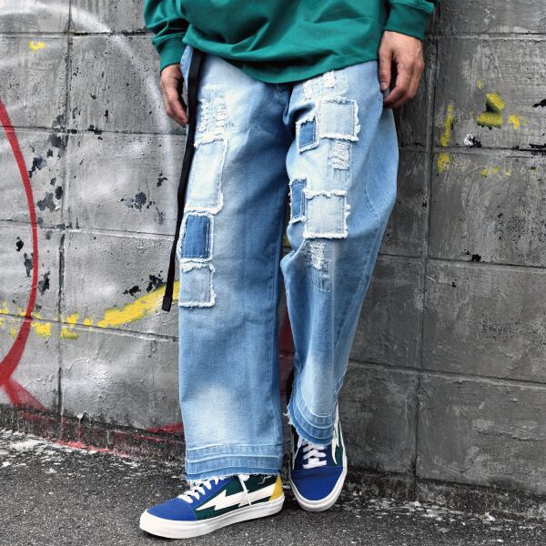 【CREO SELECT】Patch Work Denim Wide Pants/43898k【ワイドシルエット/ボトムス/ワイドパンツ/デニム/メンズ/ユニセックス/ストリート】