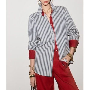 premium cotton contrast cuff striped shirt<t3181>