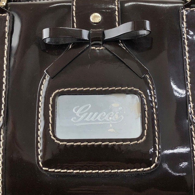 GUCCI グッチ ハンドバッグ ブラウン ベルト リボン エナメル ボストンバッグ vintage ヴィンテージ オールド dan4kc
