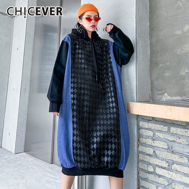 CHICEVERパッチワークヒットカラードレスレディースフード付き巾着アーガイルPUデニムルーズドレス2020 6base591983185718