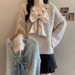 2色／フロントリボンフラワーラメニットトップス ・73833