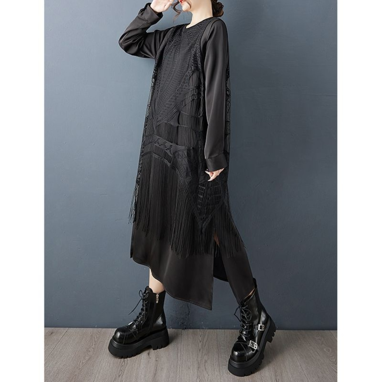 ブラック レース フリンジ ワンピース 00269