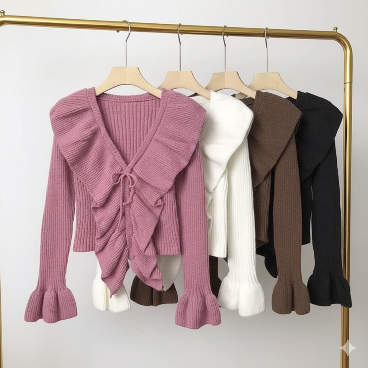 <2セット>Big Ruffle V-Neck Ribbed Knit Cardigant+Big Ruffle V-Neck Ribbed Knit Cardigant ch0172