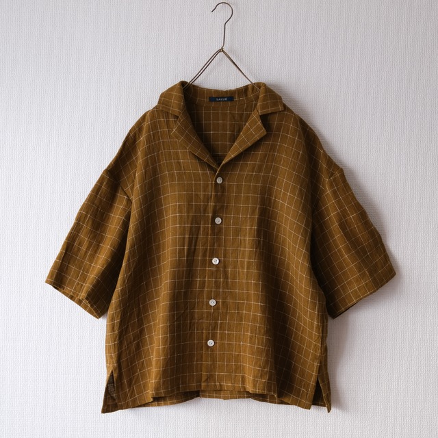 half sleeve open collar shirt／mid weight linen〈ink line check -ginger brown〉