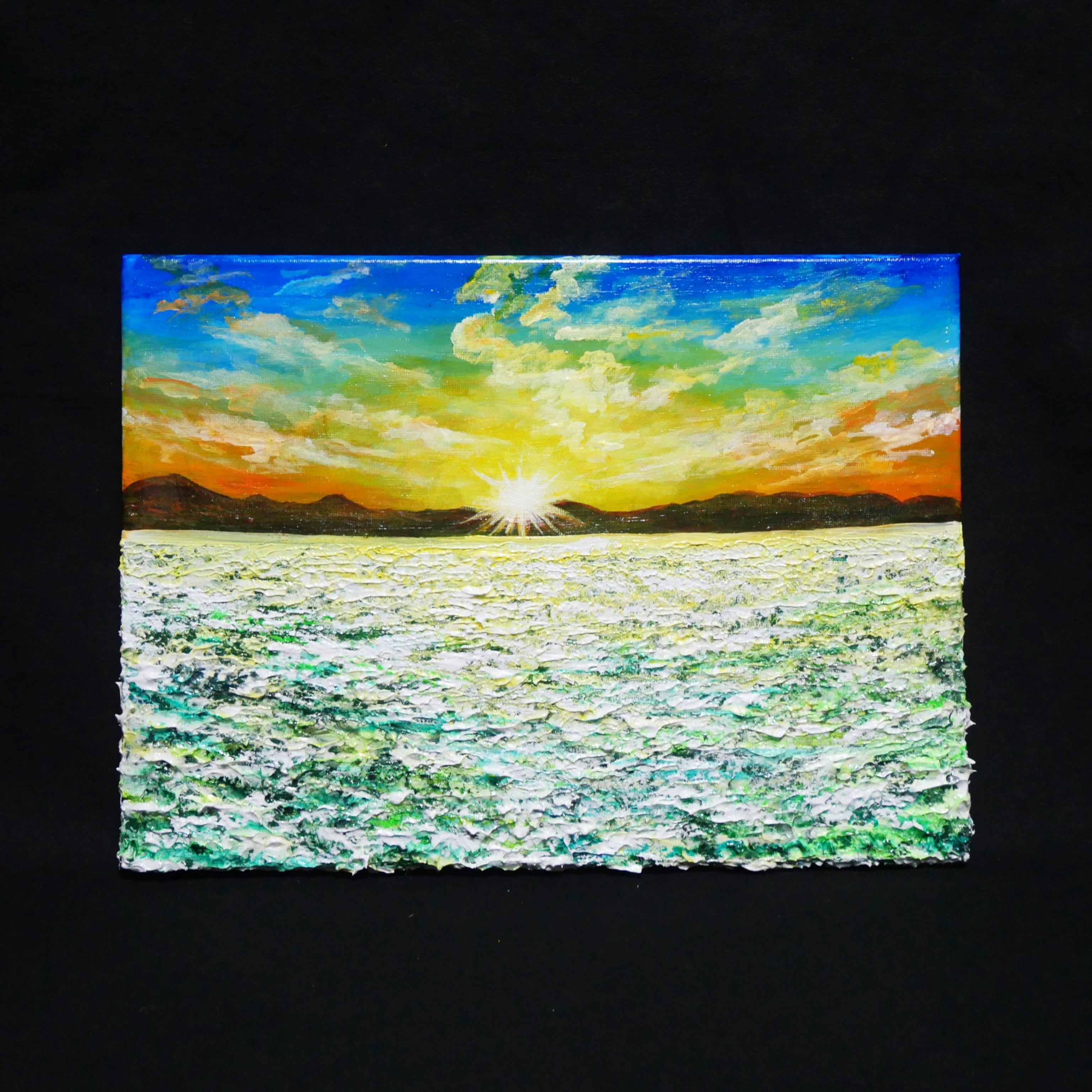 油絵 油彩 油彩画 絵 絵画　【草原に咲く白い花と朝日】 油絵 油彩 油彩画 絵画 絵【草原に咲く白い花と朝日】 | HIROSHI1990