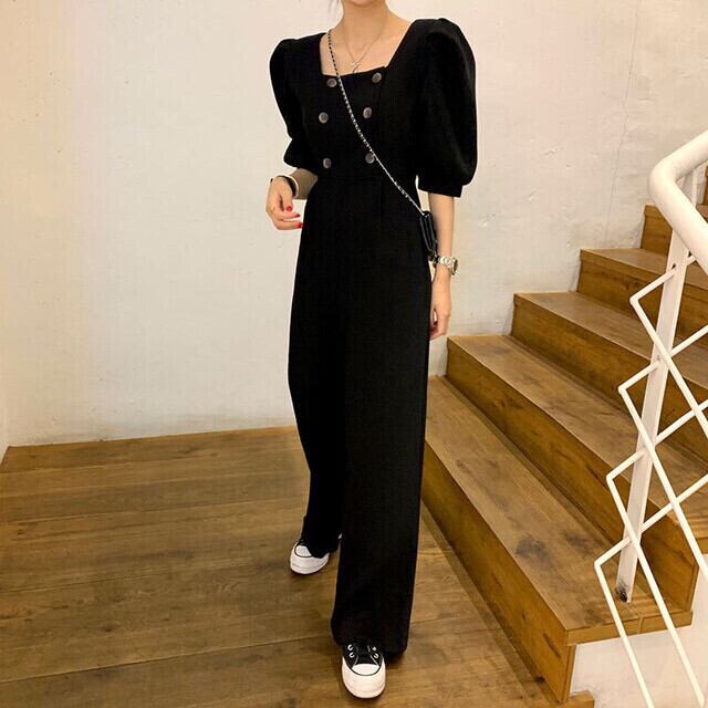 ジャンプスーツ オールインワン レディース スクエアネック パフスリーブ 半袖 通勤 おしゃれ 全3色 ブラック/ホワイト/グリーン