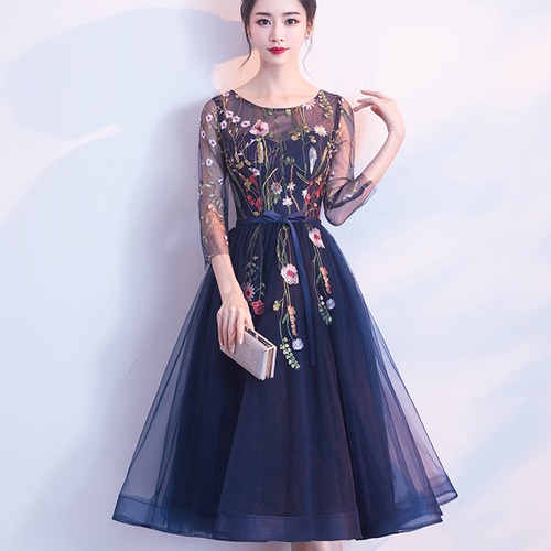 ワンピース ドレス ラウンドネック レース 花柄 刺繍 7分袖 ミディアム丈 お呼ばれ 2次会 パーティ 秋冬 レディース　BADB0020