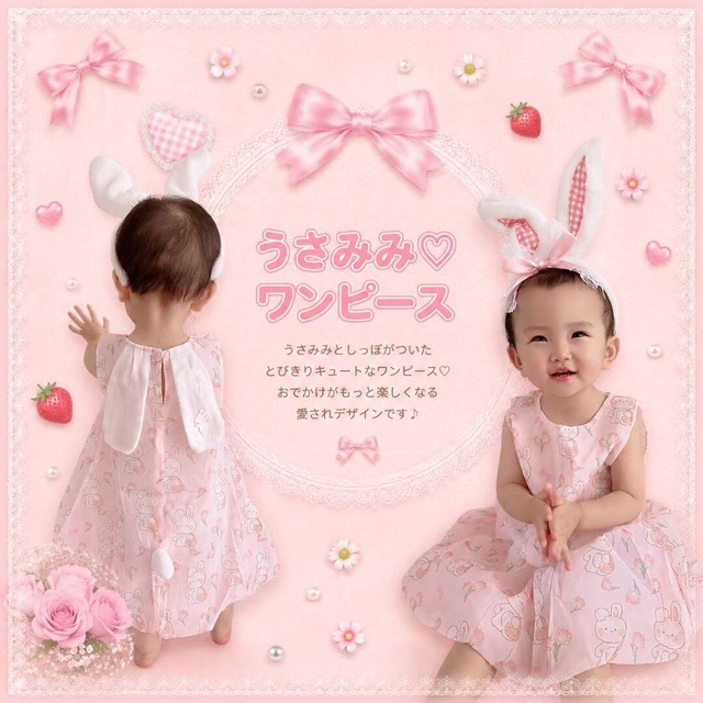 【Pico即納♡】size90 うさみみ♡しっぽ付き ピンクうさぎワンピース