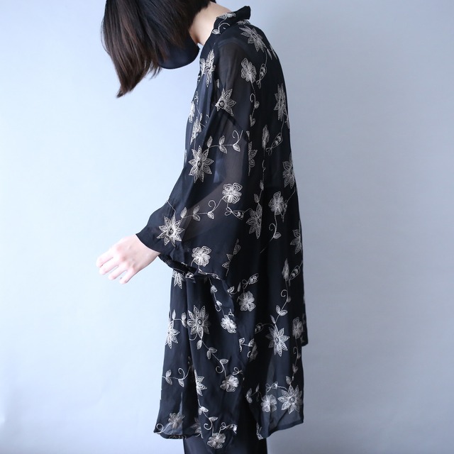 "刺繍" over wide silhouette black mode h/s see-through shirt