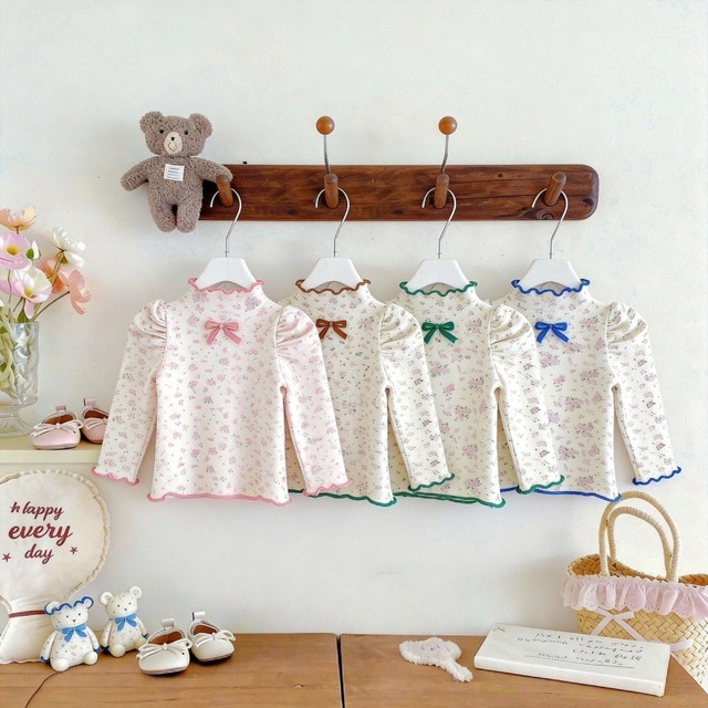 【春作】韓国風小花柄リボンシャツ