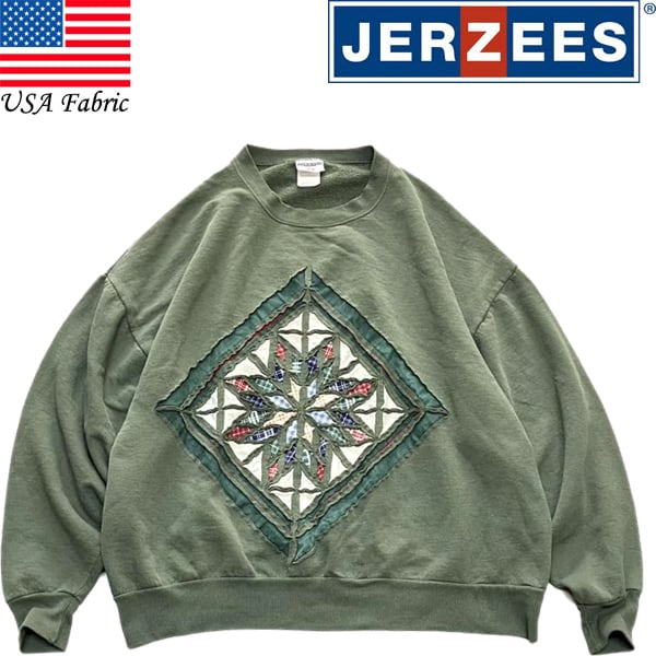 1点物◇USA素材90sビンテージJerzees深緑アートスウェット古着メンズ