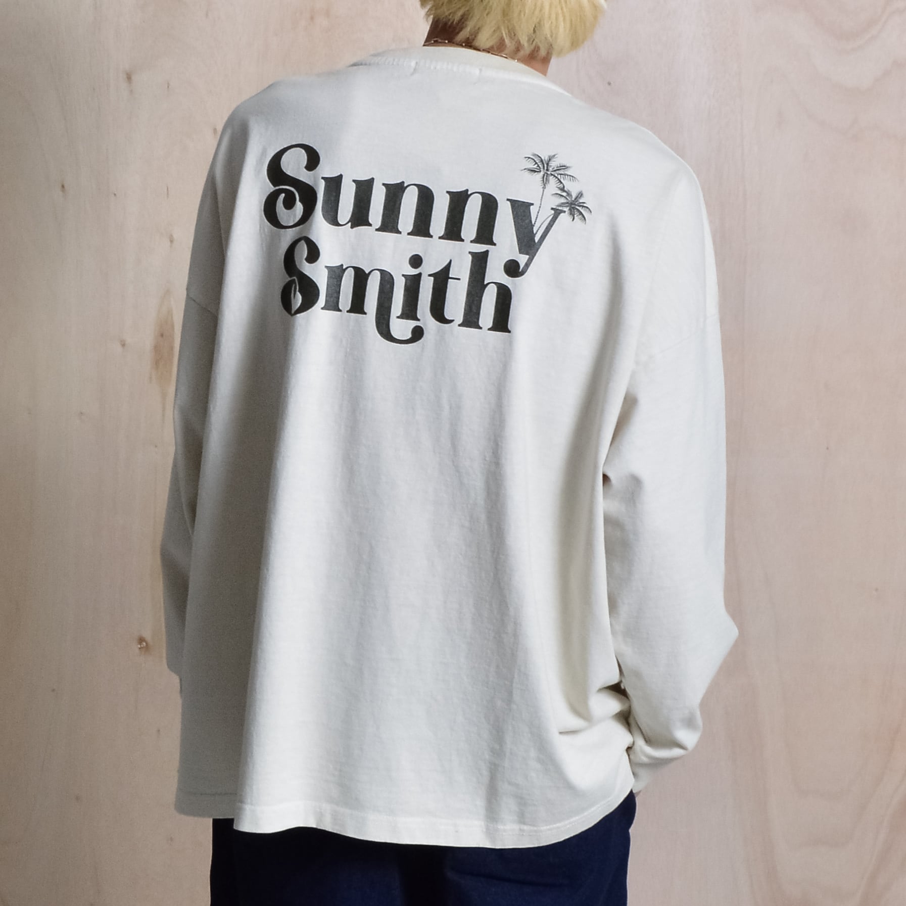 SUNNYヤシの木ロゴ ワンポイント刺繍 バックプリント ピグメント加工ロングスリーブTシャツ