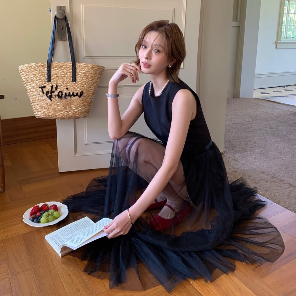 【dress】チュールドッキングノースリーブワンピース N3562