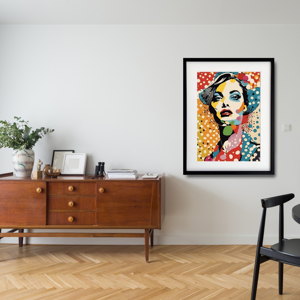 Polka Queen 彩色とドットの女王｜ビビッドカラーが躍動する女性ポートレートアートポスター｜レトロポップに映えるモダンインテリアA4ポスター