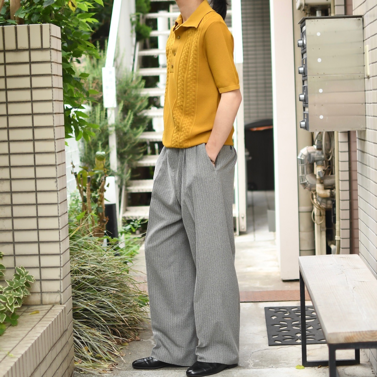 herringbone twill wide 2 tuck slacks melange gray