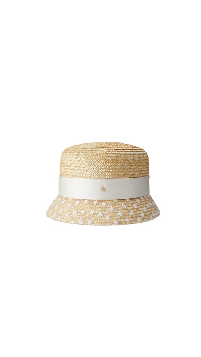 MAISON MICHEL -Mini New Kendall- Cloche hat in natural sewn wheat straw, :CAMEL