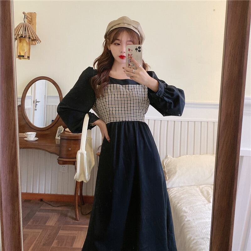 送料無料 双子コーデ レトロチェックロングワンピ ワンピース チェック レトロ ロング モテ服 Lamitte Deco トレンド 韓国ファッション ショップ Base店