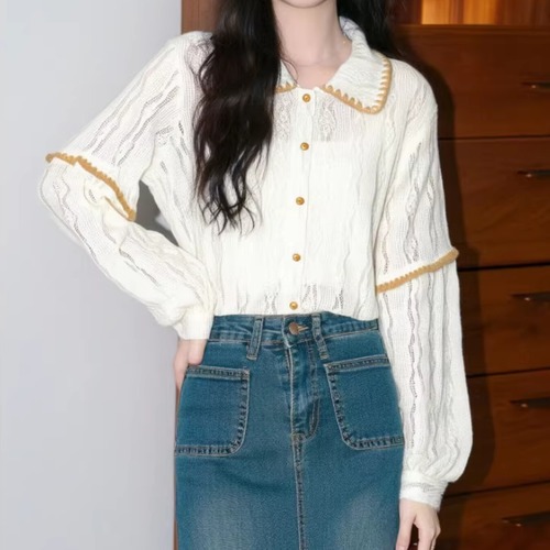 縁ステッチ透かし編みトップス ・10423